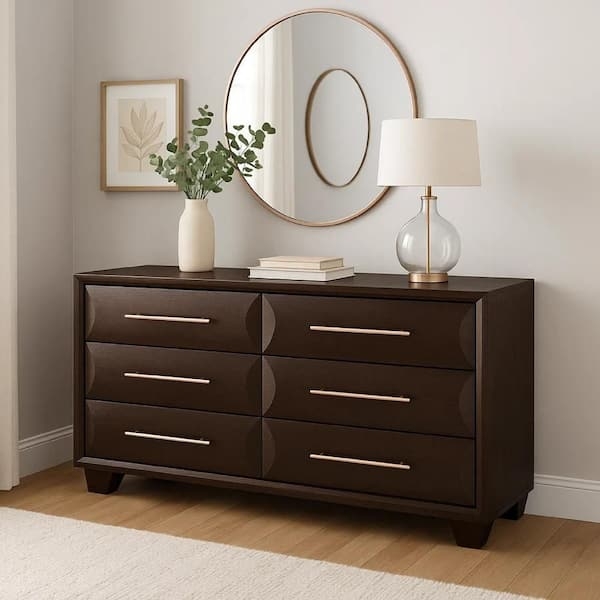 Wide Double Dresser featuring Recessed Panels and Rose Gold Handles