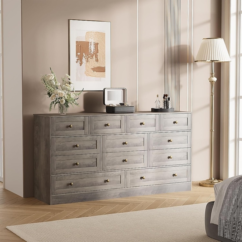 Wide Double Dresser Twelve Drawers Wood Grain Transitional Style