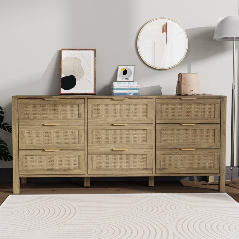 Wide Dresser: Nine Drawers, Light Wood, Rattan Cane Panels.