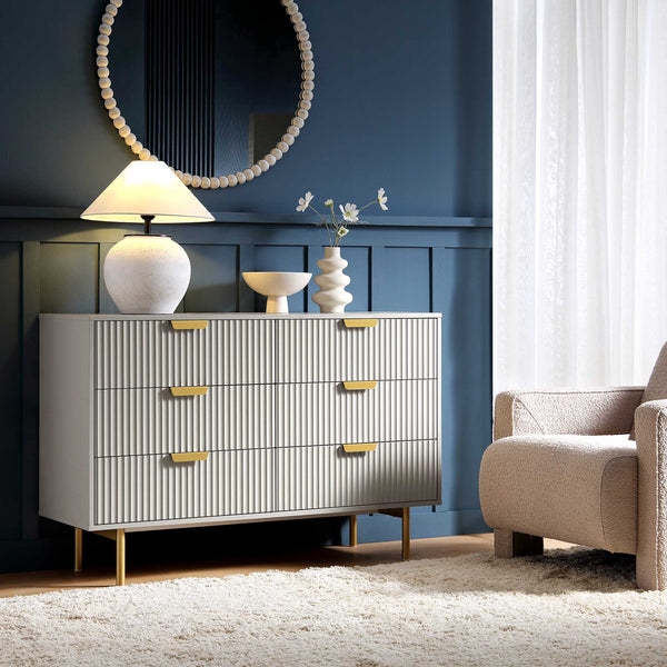 Wide Dresser Vertical Ridged Texture with Gold Toned Hardware, Glam