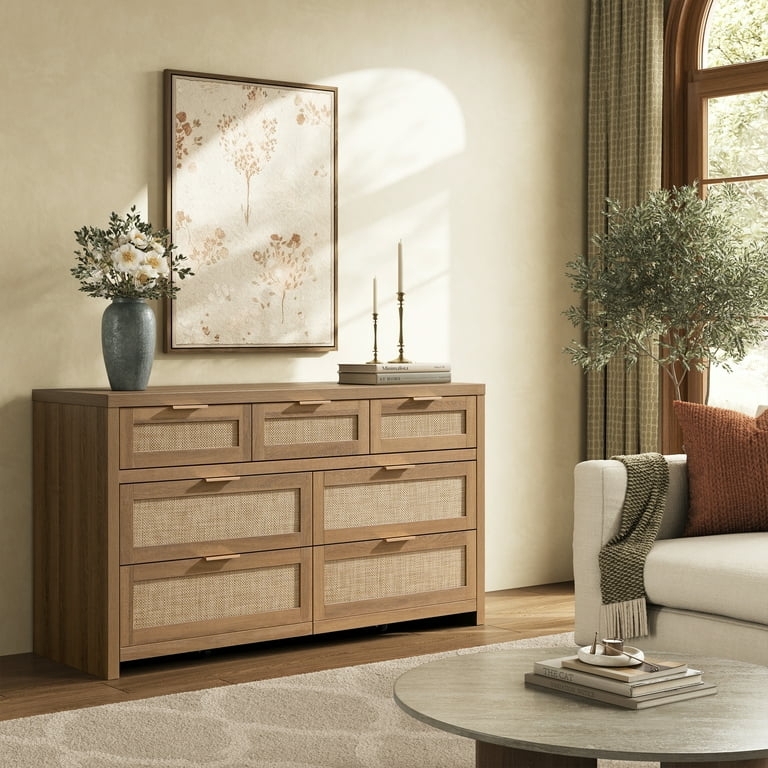 Wide Dresser with Asymmetrical Drawer Layout and Rattan Inserts