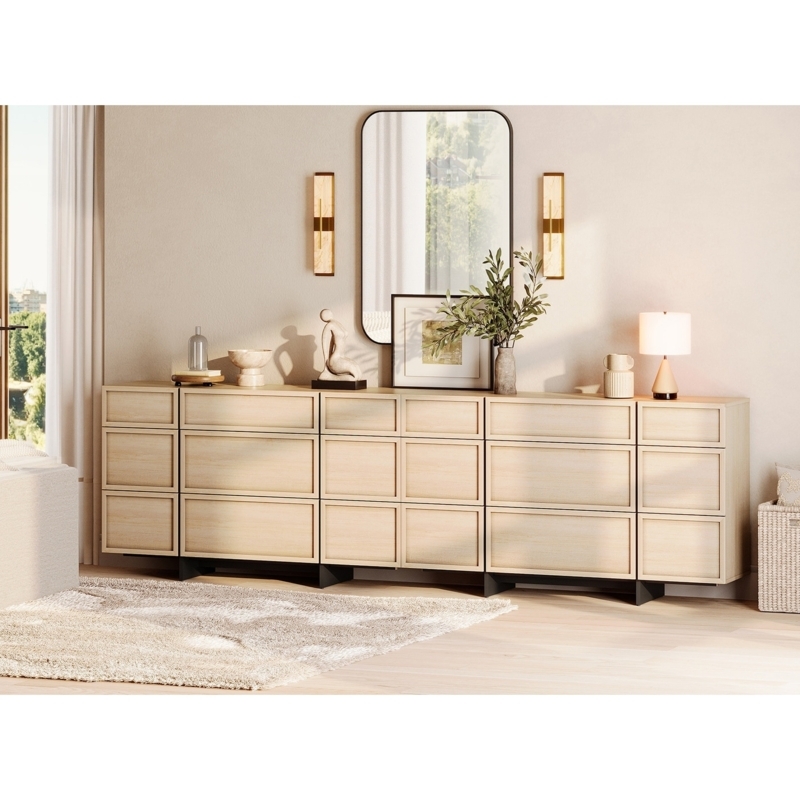 Wide Dresser with Twelve Drawers, Light Wood Finish, Minimalist Style