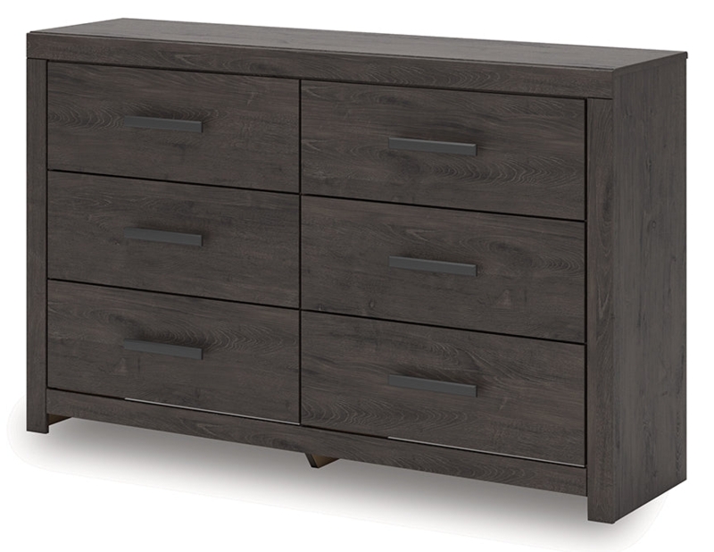 Wide Gray Dresser With Black Hardware Dark Wood Grain Plinth Base