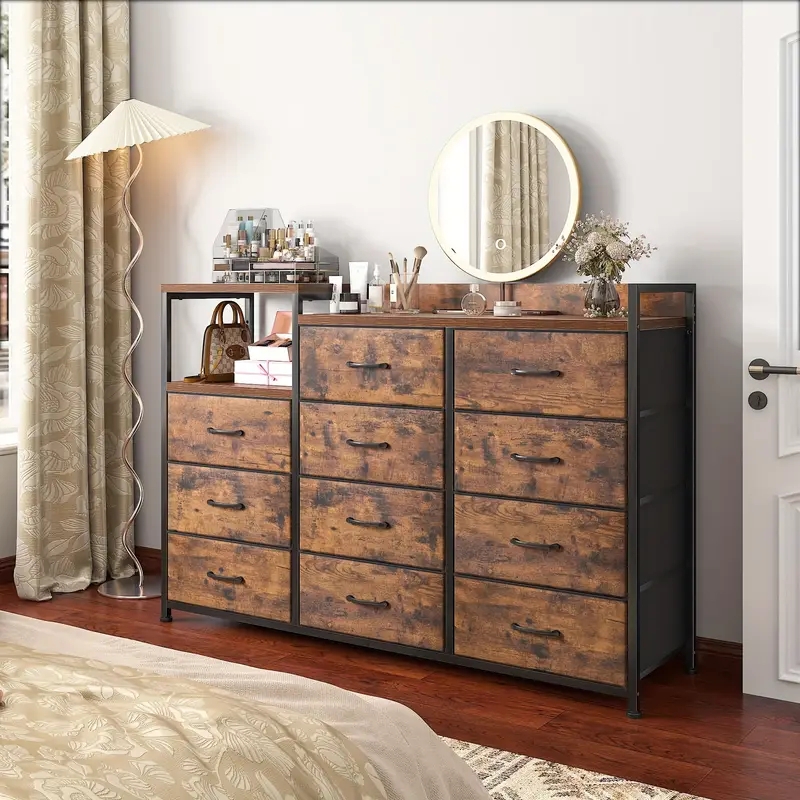 Wide Rustic Brown Wood Dresser Integrated Shelving Metal Frame