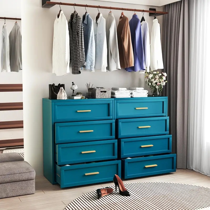 Wide Teal Blue Double Dresser Gold Hardware Closet Storage