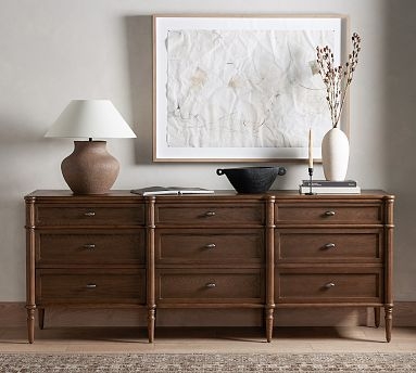 Wide Transitional Wood 9-Drawer Dresser, Paneled Fronts