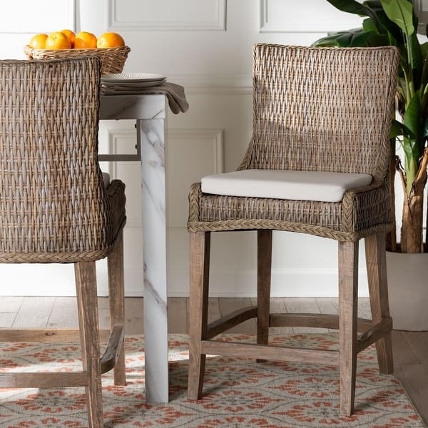 Wingback Counter Stool with Woven Rattan and Braided Trim Detail
