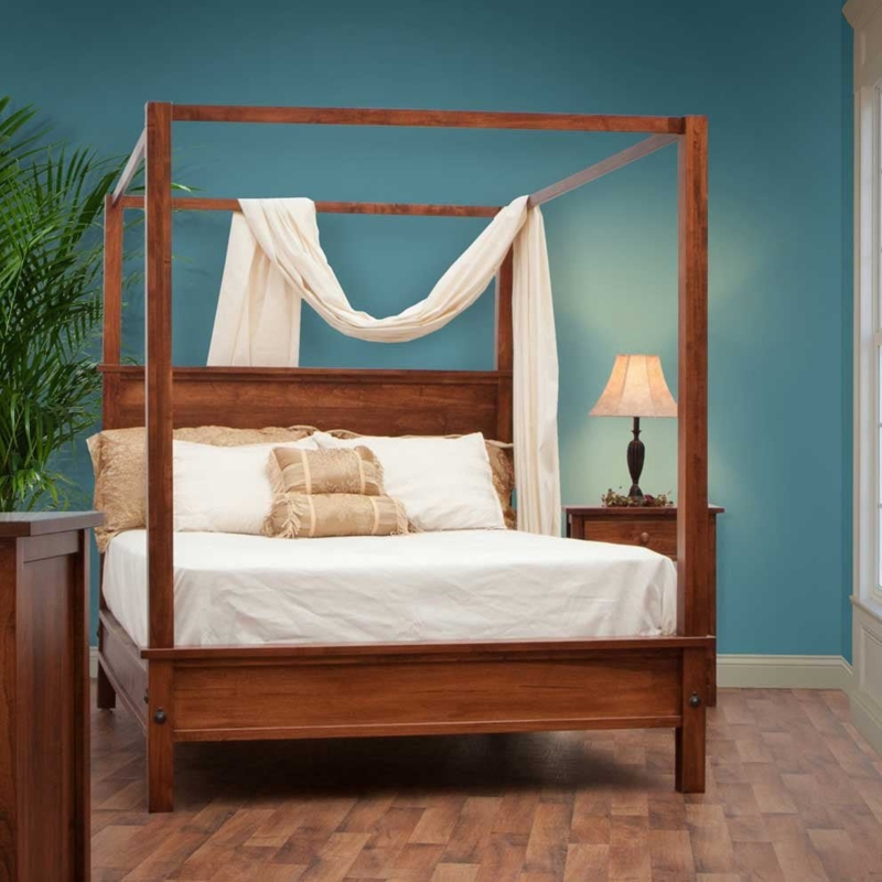 Wood Canopy Bed Cream Fabric Draping Rustic Modern Cozy Styling