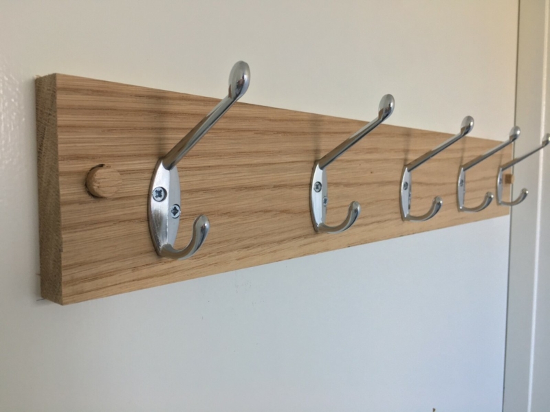 Wood Coat Rack Plank Base Polished Chrome Double Hooks Modern Transitional