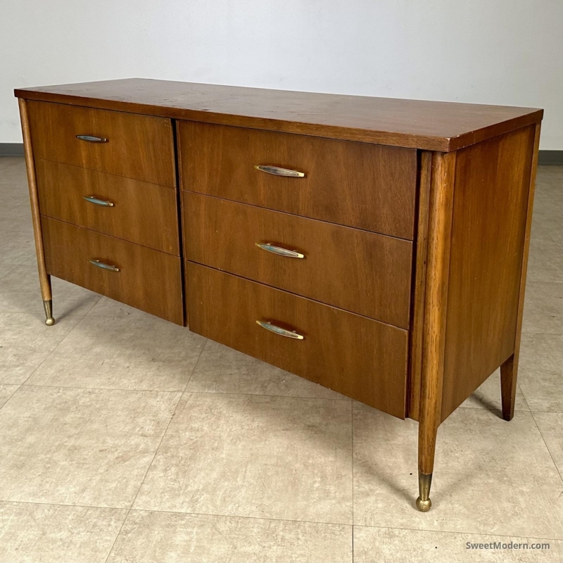 Wood Dresser with Brass Capped Feet and Horizontal Pulls Retro Style