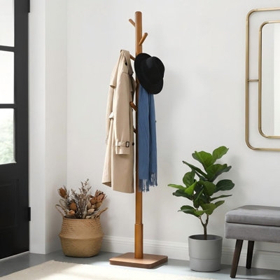 Wood Freestanding Coat Rack Branching Design Square Base Organic Foyer