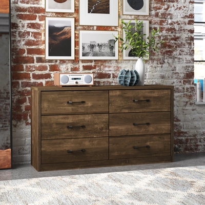 Wood Six-Drawer Dresser with Black Bar Pulls