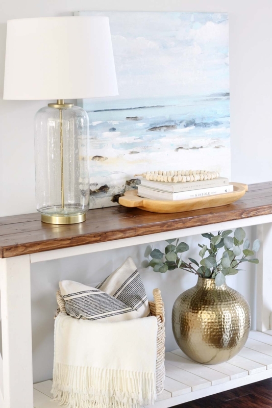Wood Top Console Table with White Base & Slatted Lower Shelf Styling