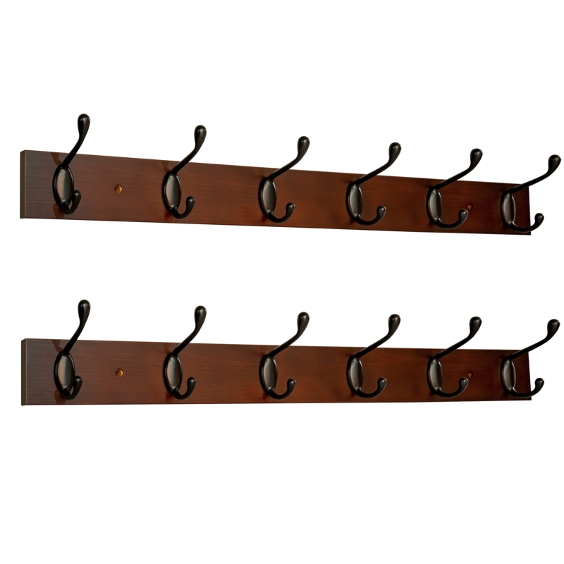Wooden Coat Rack Dark Walnut Finish Black Double Prong Hooks Traditional
