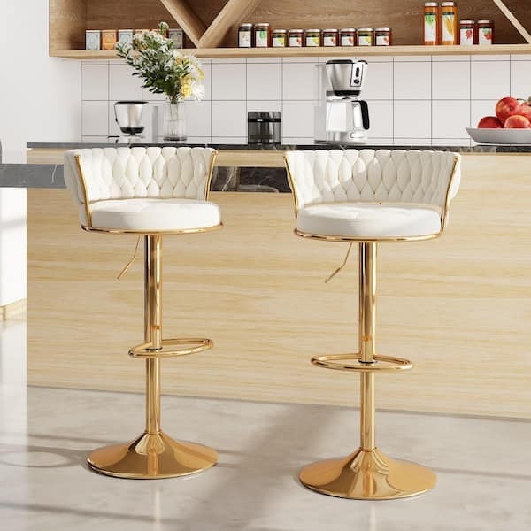 Woven Back Bar Stools, White Velvet Upholstery, Polished Gold Pedestal