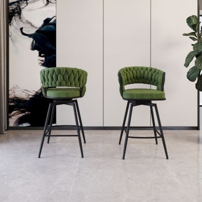 Woven Back Bar Stools with Olive Green Fabric