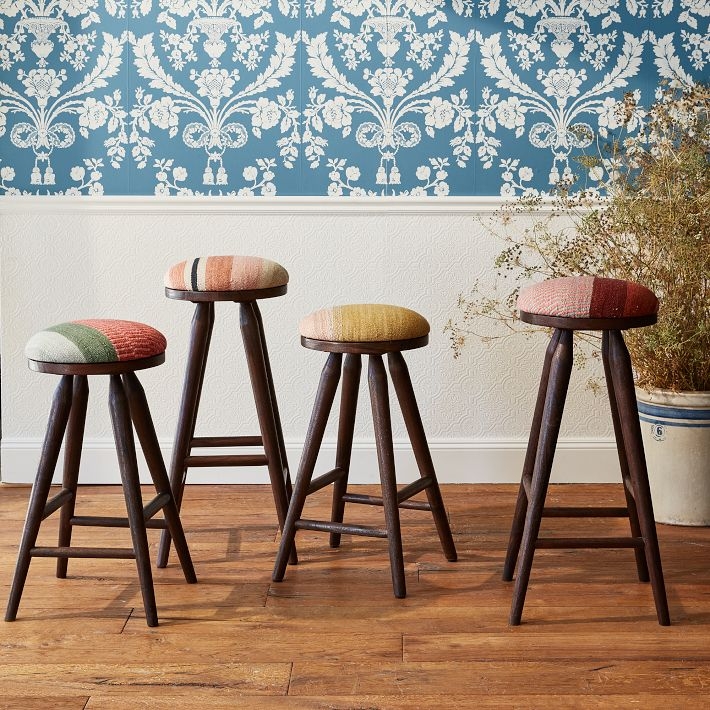 Woven Kilim Upholstered Bar Seating Dark Wood Splayed Legs