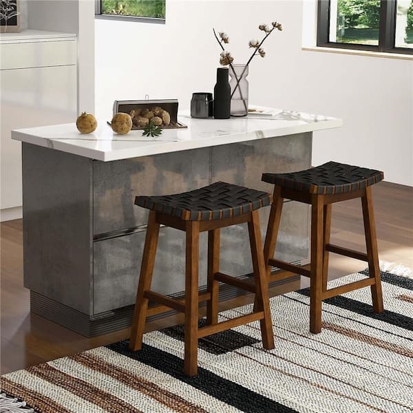 Woven Leather-Like Bar Stool with Saddle Silhouette