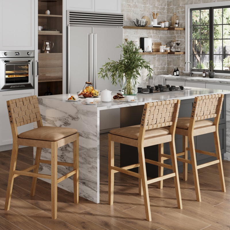 Woven Leather-Like Bar Stools: Wood Frame, Modern Farmhouse Style