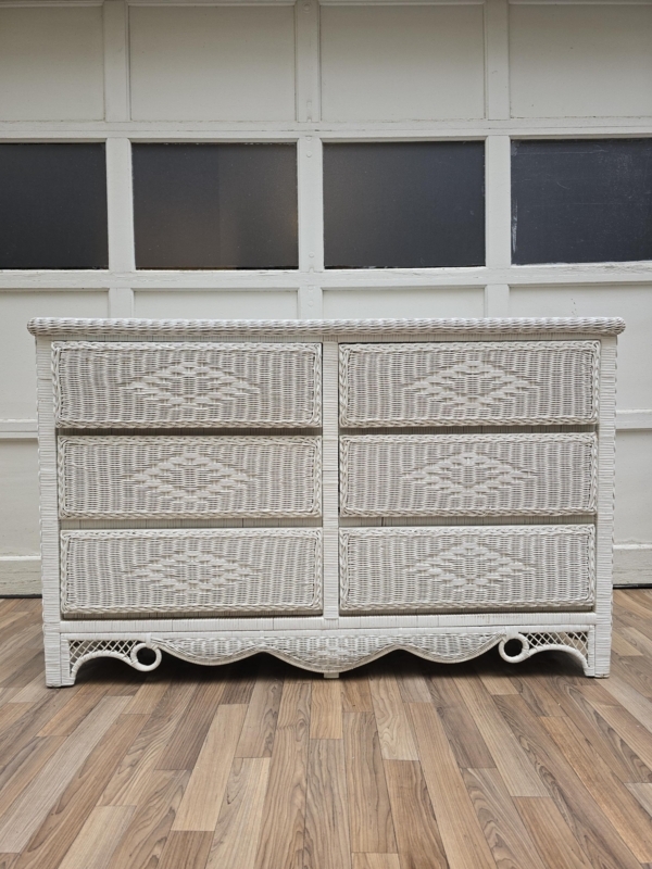 Woven Wicker Dresser featuring a Diamond Pattern and Scalloped Apron