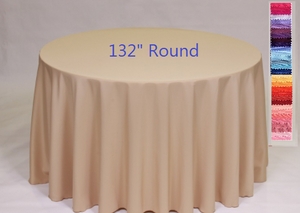 132 Inch Round Tablecloth in Solid Camel Beige Polyester for Large Tables