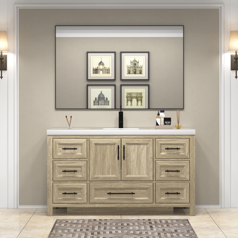 60-Inch Single Bathroom Vanity, Light Oak & Nine Drawers