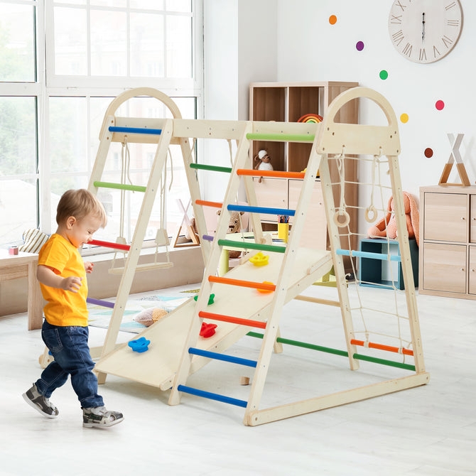 8-In-1 Indoor Wooden Jungle Gym with Multi Colored Rungs