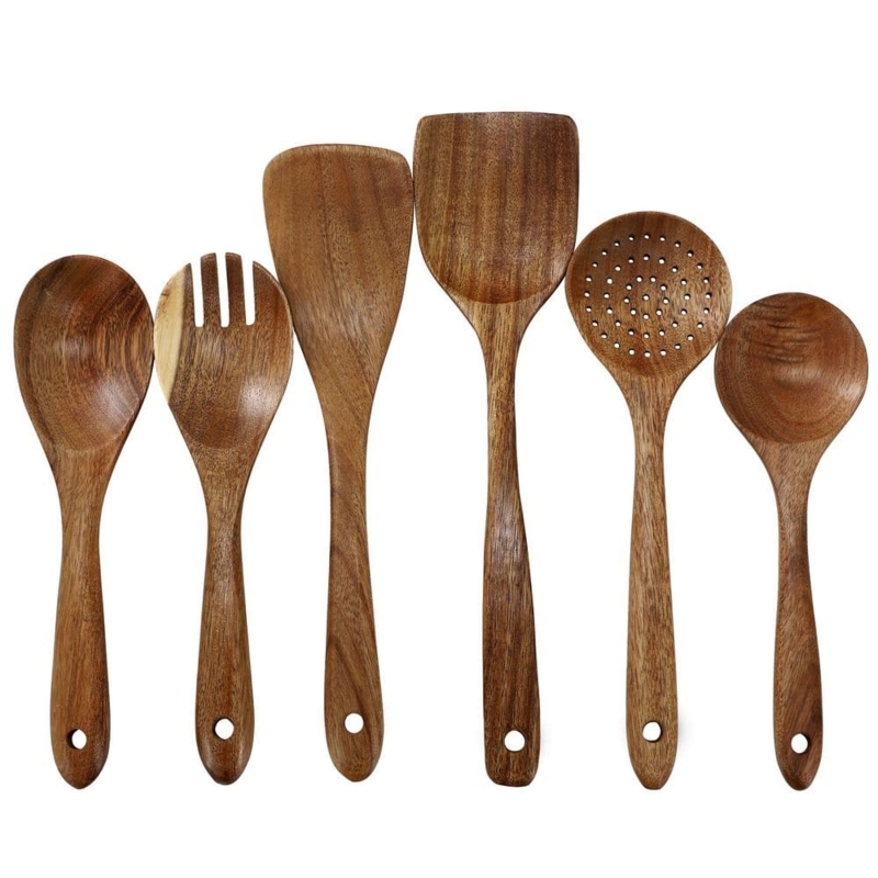 Acacia Wood Utensil Set Dark Grain 6 Piece Ergonomic Handles
