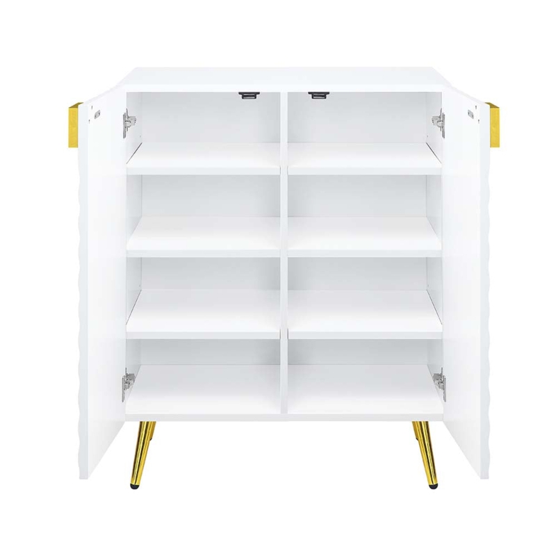 Accent Cabinet High Gloss White Tapered Gold Legs Eight Compartments Chic