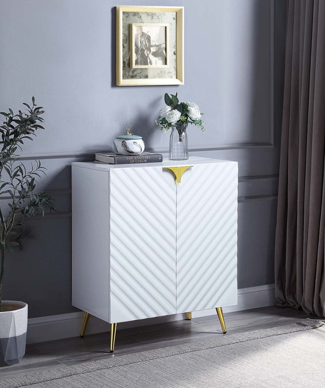 Accent Cabinet White High Gloss Chevron Pattern Gold Tapered Legs Glam