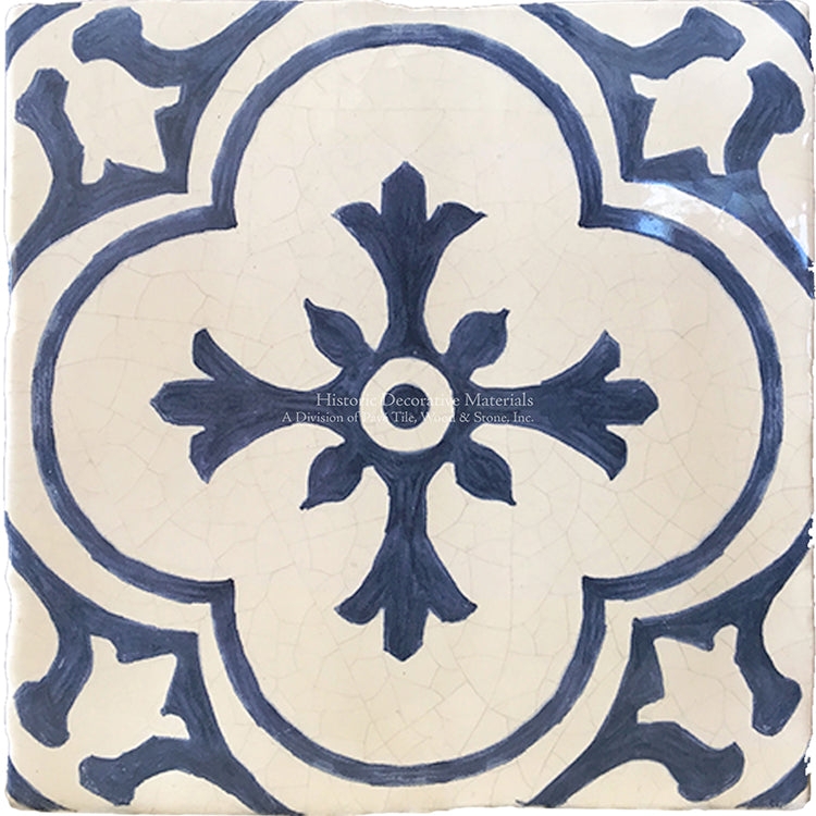 Accent Tile Navy Blue Floral Medallion Quatrefoil Crackle Glaze Hand Painted