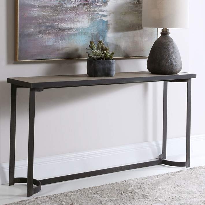 Aged Steel Console Table Curved Base Detail Light Gray Top Industrial