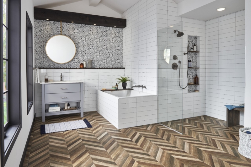 Airy Bathroom Design featuring Chevron Wood-Look Tile Floor