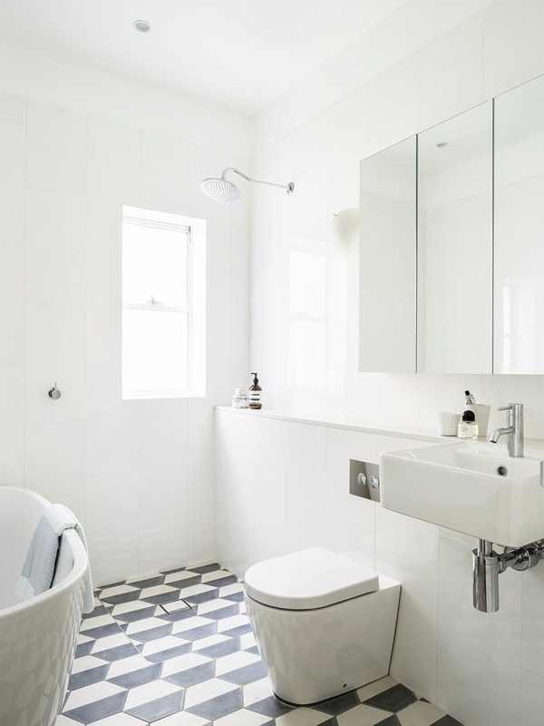 Airy Bathroom White Design Geometric Floor Tile Wall Hung Fixtures