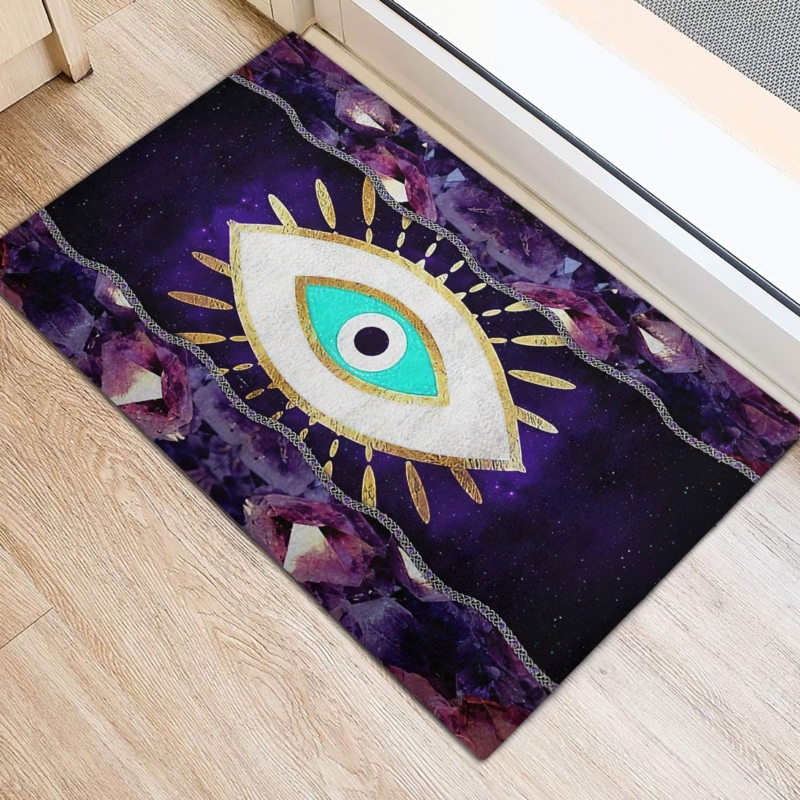 Amethyst Crystal Doormat Evil Eye Motif Spiritual Boho Decor