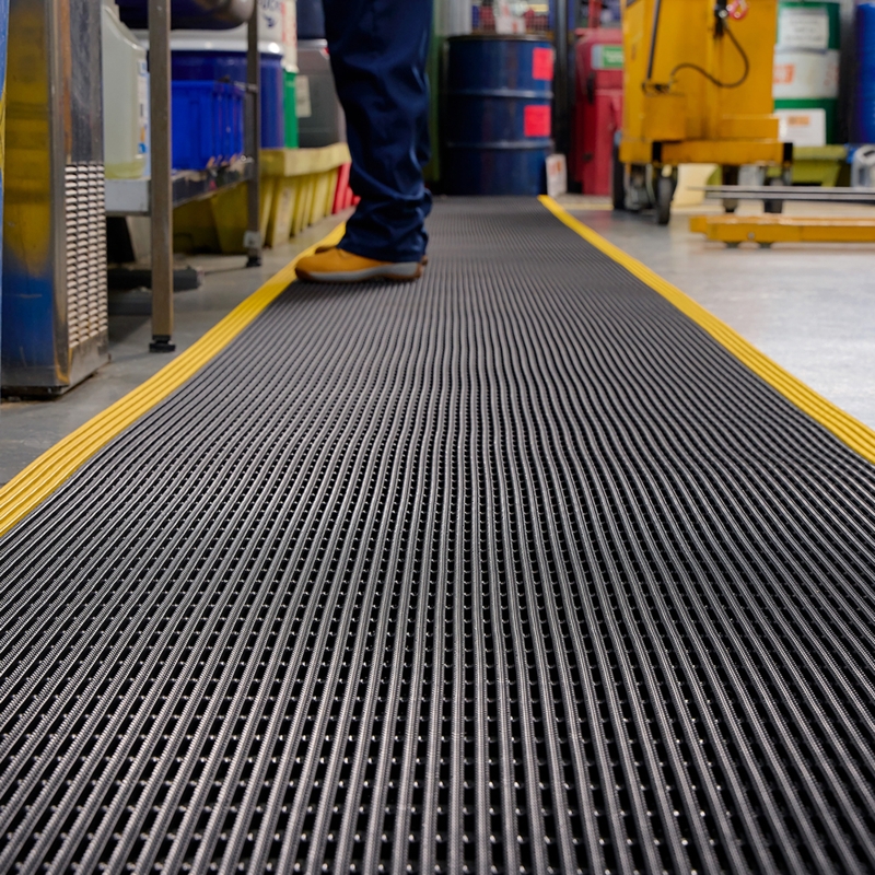 Anti-Fatigue Mat Black Yellow Safety Borders Ribbed Grid Warehouse Runner
