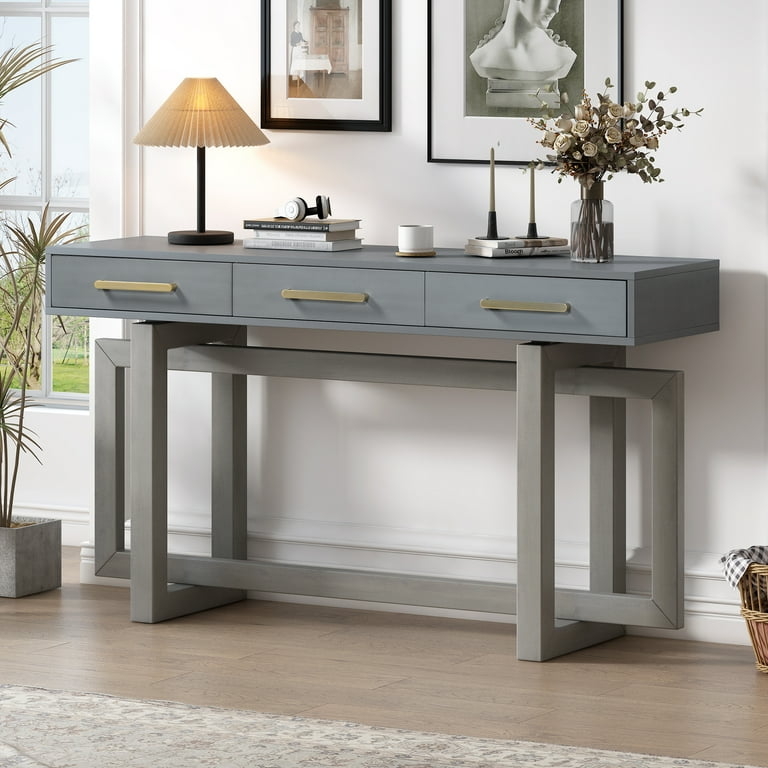 Antique Finish Console Table Geometric Base Three Drawers