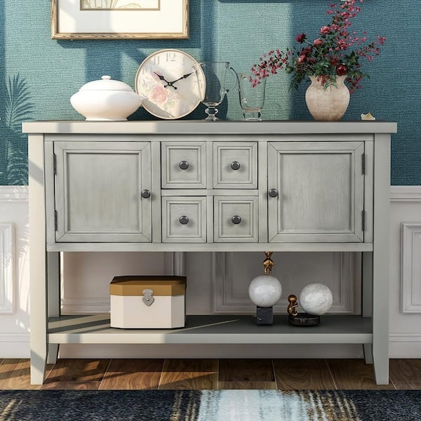 Antique Sideboard Four Central Drawers Two Cabinets Open Shelf