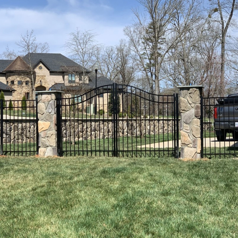 Arched Top Double Gate with Stone Pillar Mount