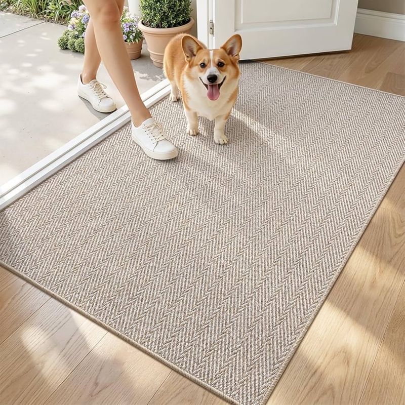 Area Rug: Beige Herringbone Pattern Ultra Thin Profile Entryway Mat
