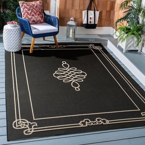 Area Rug, Black and Cream Central Scrollwork Motif, Coastal