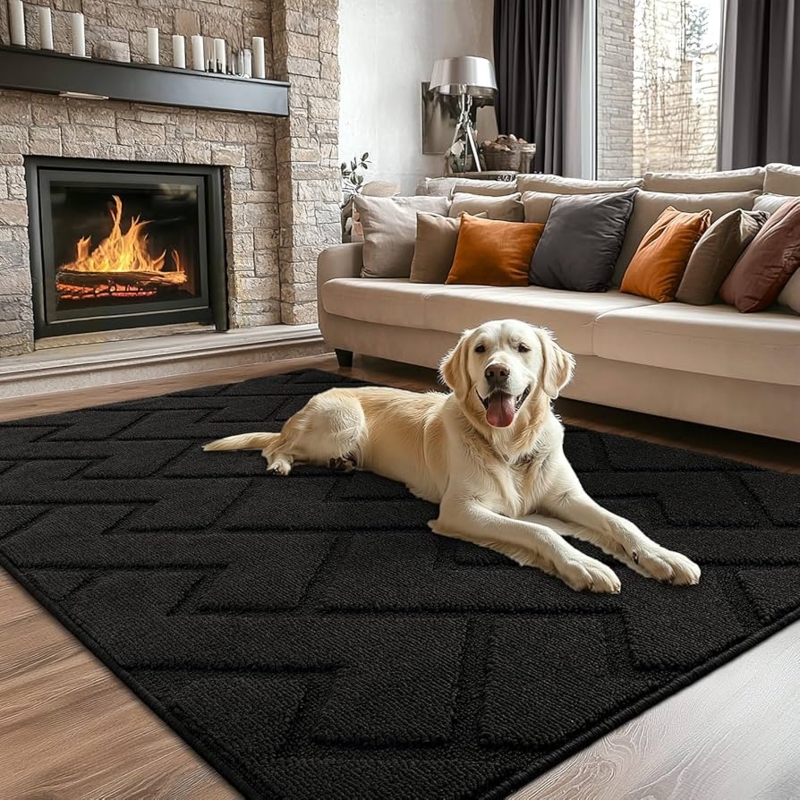 Area Rug Black Raised Geometric Texture Chevron High-Low Pile