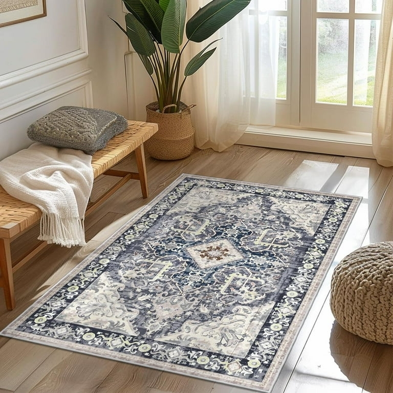 Area Rug Blue Medallion Entryway Slate Palette Distressed Low Pile