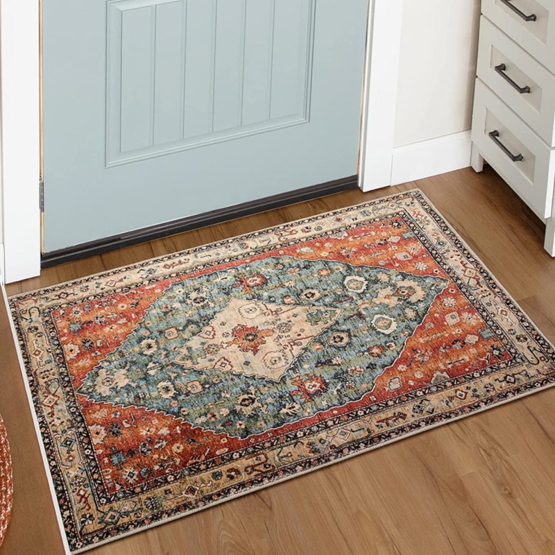 Area Rug Boho Entryway Persian Medallion Distressed Finish Terracotta