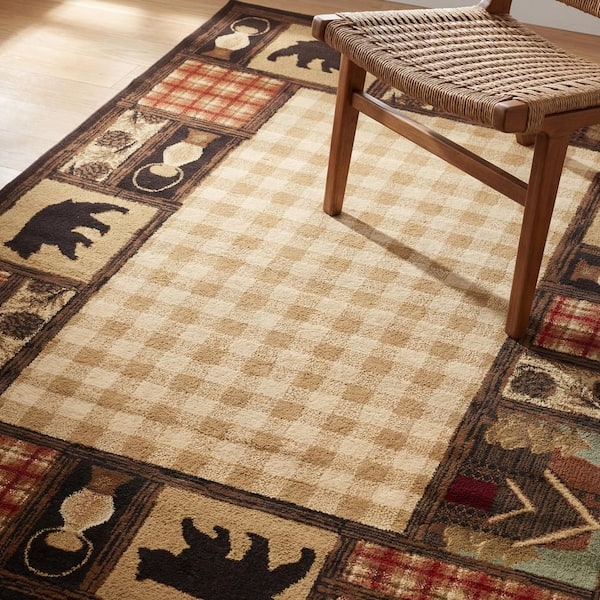 Area Rug Checkered Center Field, Bear Silhouette Border, Multi Pattern