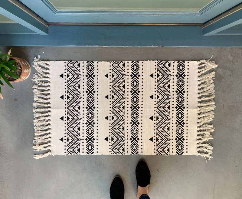 Area Rug Fringed Woven Floor Mat Black Geometric Tribal Print Cream