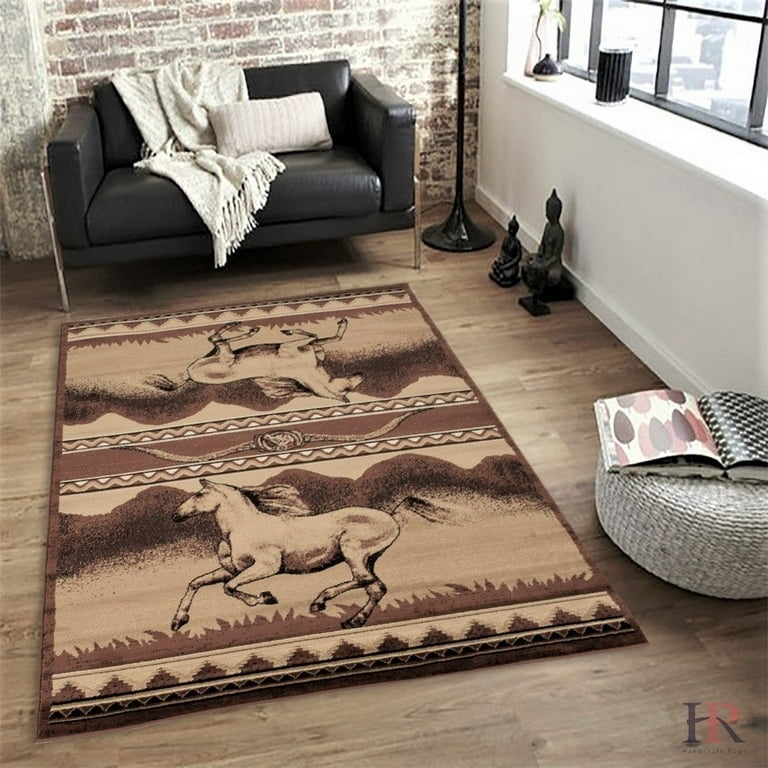 Area Rug Horse and Mountain Motif, Banded Earthy Design, Chocolate Brown