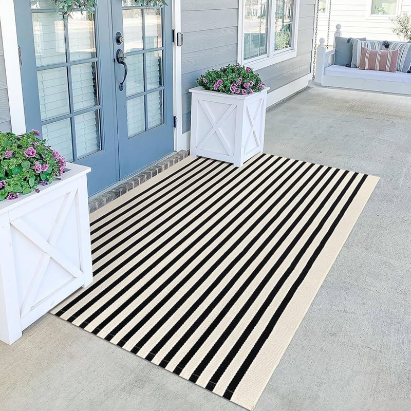 Area Rug: Modern Farmhouse Thin Stripes Woven Porch Decor Inspiration