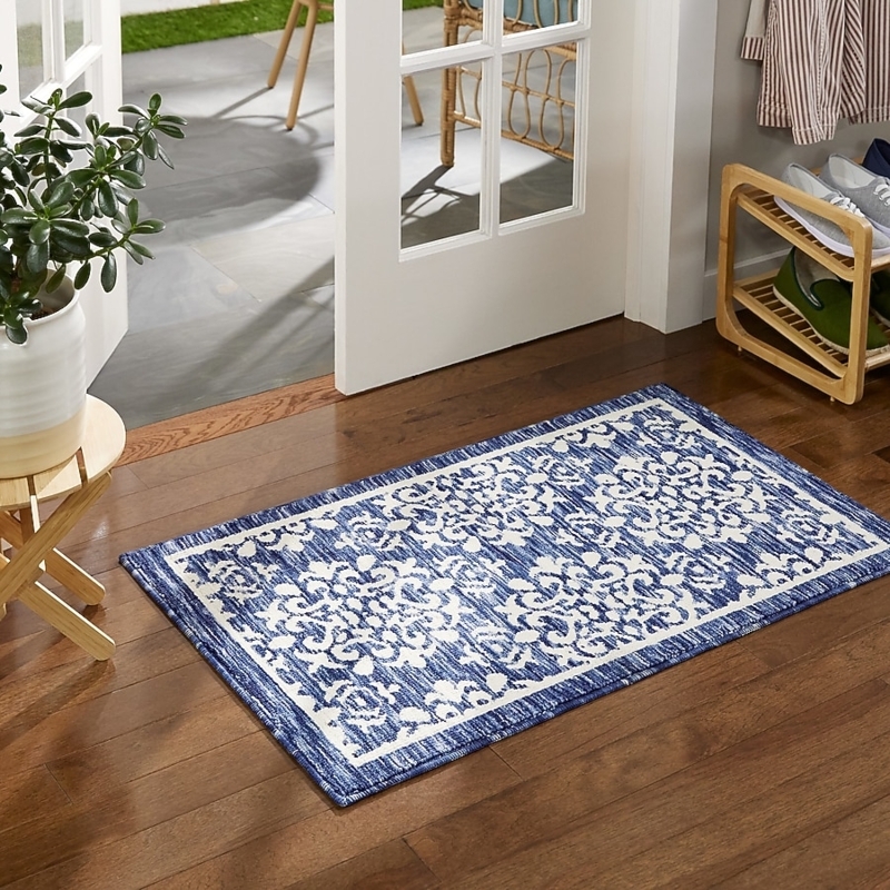 Area Rug Navy Blue Damask Medallion Pattern Traditional Entryway