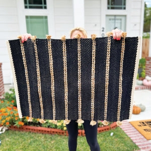 Area Rug Tassels Vertical Stripes Black Beige Boho Layering Runner